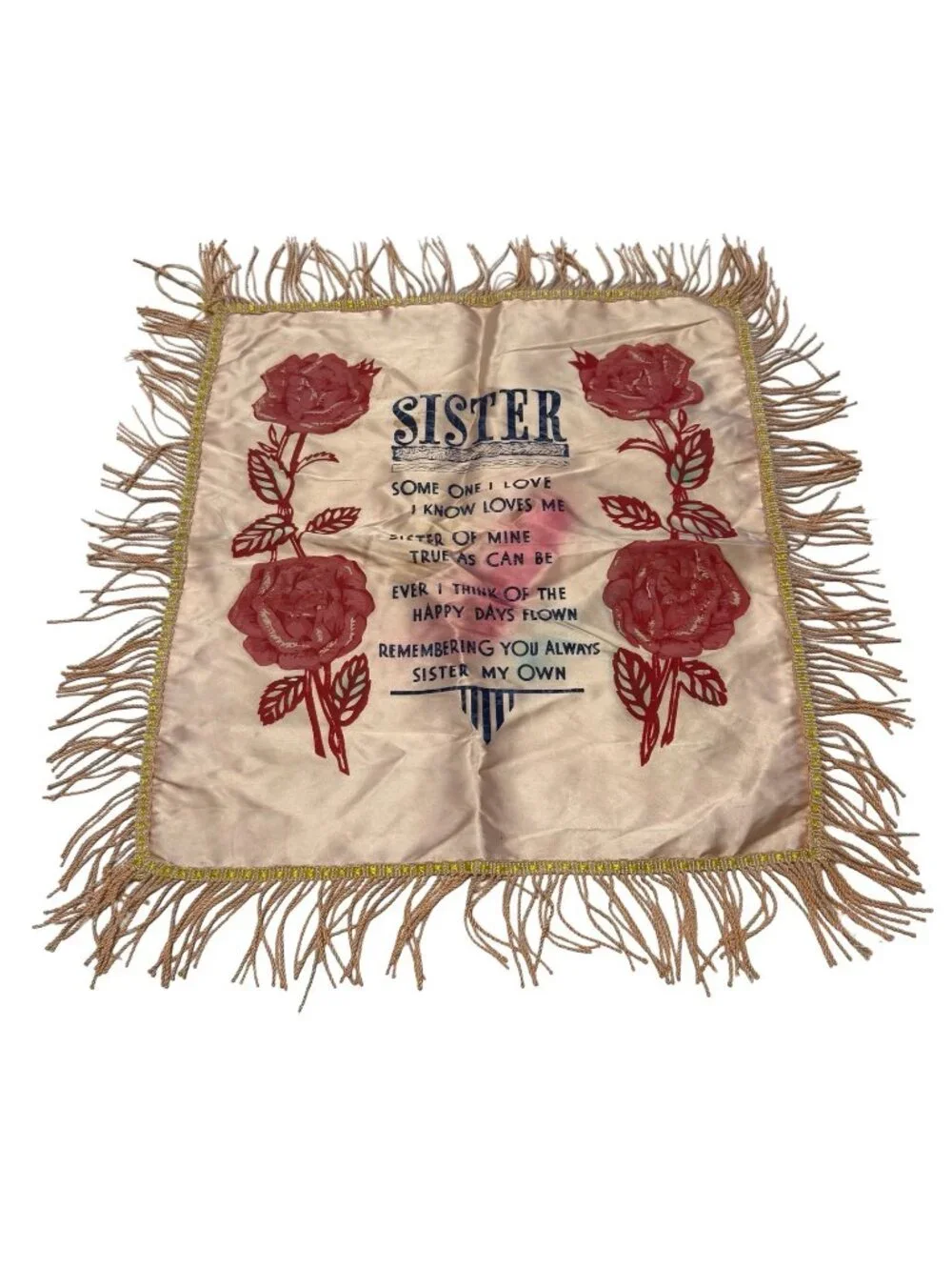 Vintage Pink Champagne Satin Sister Poem Pillow Cover Fringed Roses 16